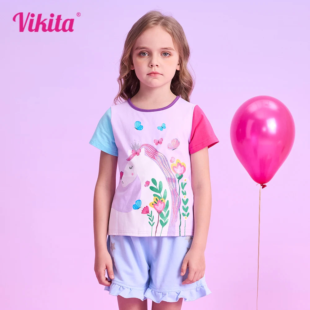 VIKITA Girls O Neck Short Sleeve Summer T Shirt Kids Unicorn Flower Cartoon Print T Shirts Girls Daily Cotton Casual Tops Wear
