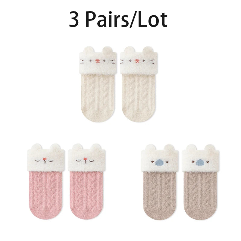 3/6 Pairs Children'S Socks Solid Color Cartoon Kids Mid-Tube Socks Winter Warmth Newborn Socks For Boys And Girls