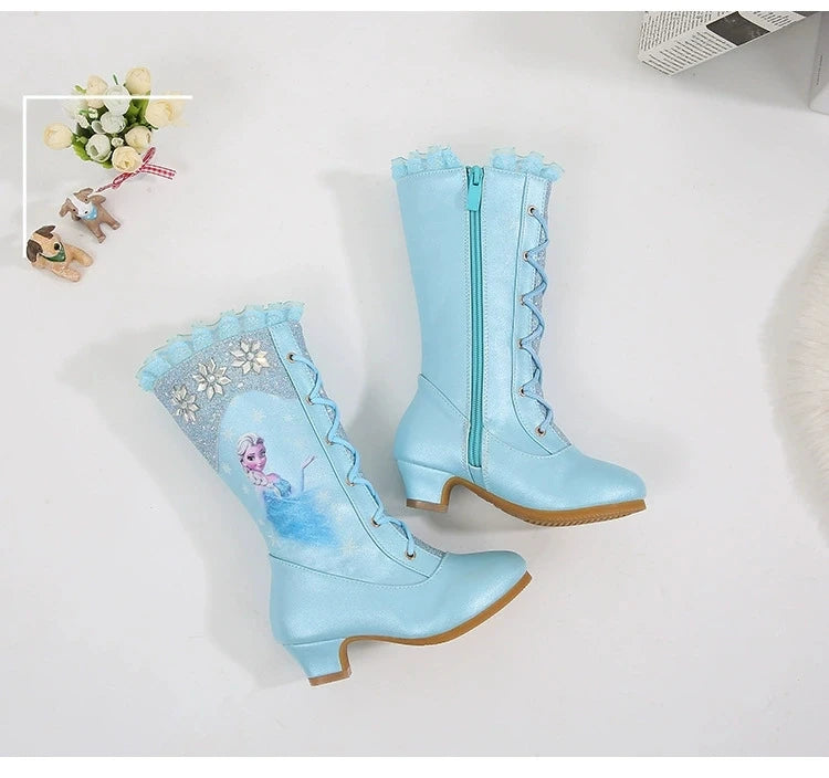 Disney Girls High Heel Boots Winter Children's Long Sleeved Plush Snow Warm Boots Princess Elsa Pink Blue Boots Size 27-37
