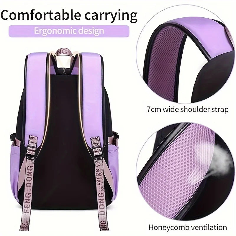 Large Capacity Schoolbag with Cute Plush Pendant Cute Girls Backpack Waterproof Nylon Fabric Bookbag for Kids Teens Students