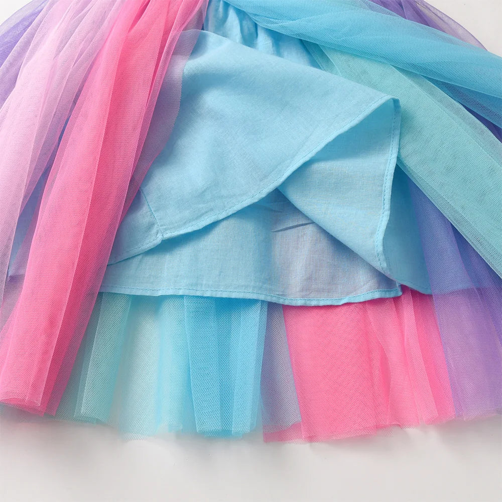 VIKITA Girls Licorne Star Print Dress Kids Summer Flare Sleeve Blue Dresses Kids Birthday Party Fashion Princess Elegant Dresses