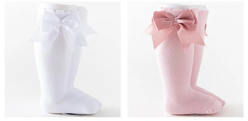 1 Pair Spanish Style Girls Socks Solid Color Big Bow 100% Cotton Baby Children Toddlers Long Socks Princess Knee High Socks