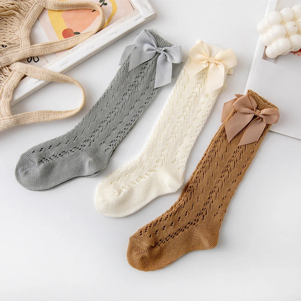 1 Pairs Summer Bow Baby Girls Socks Toddler Long Sock Infant Knee High Cotton Mesh Spanish Style Breathable Socks For 0-8Years