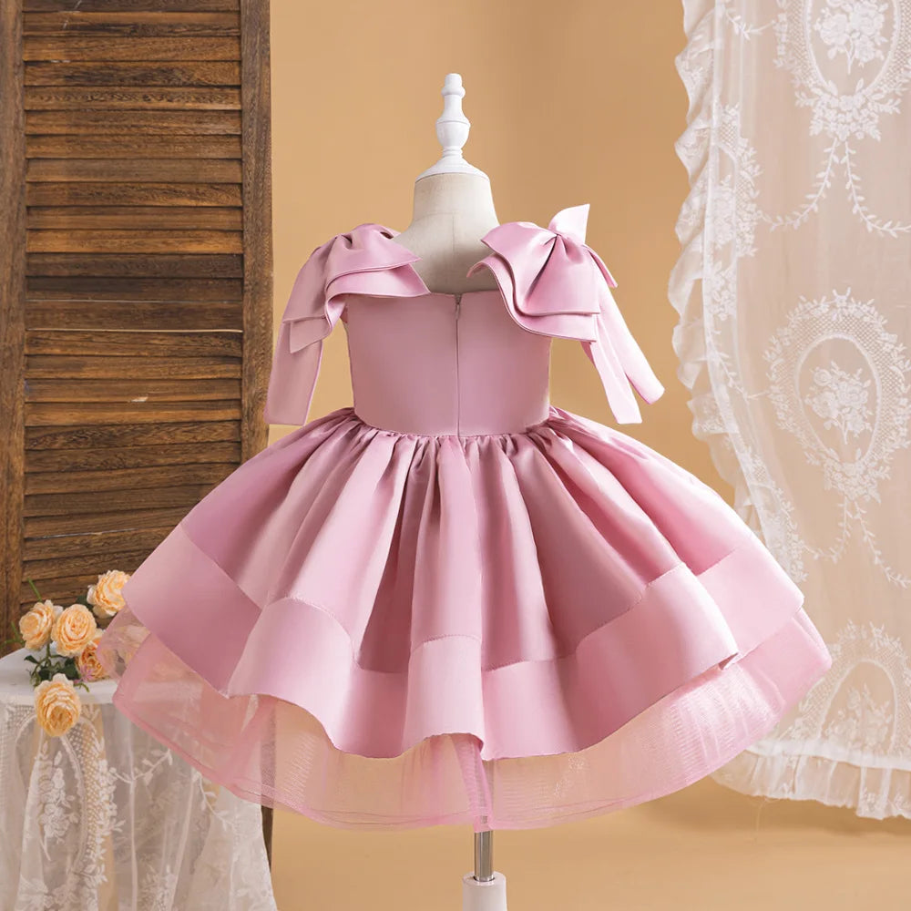 Elegant Pink Bow Girls Party Princess Dress Formal Wedding Bridesmaid Birthday Prom Dresess for Girl Gala Christmas Kids Clothes