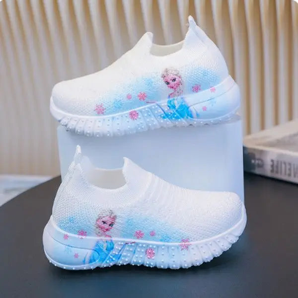 Disney Solid White Fashion Knitting Frozen Princess Elsa Children Casual Shoes Kids' Light Breathable Stretch Socks Sneakers Siz