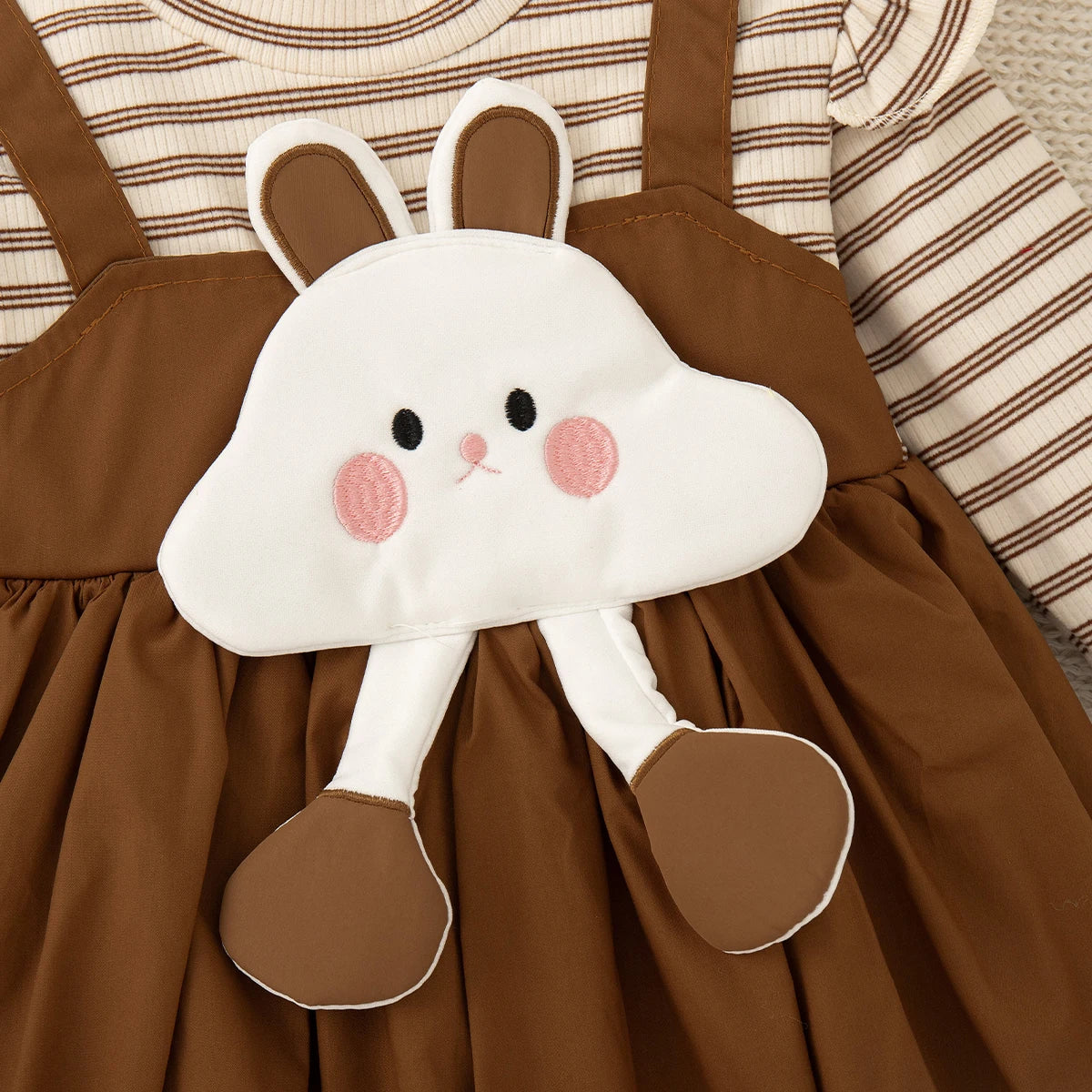 Spring And Autumn New Brown Striped Long Sleeved Baby Girl Dress, Cute Cloud Children'S Clothing For Babies Aged 6-24 Months