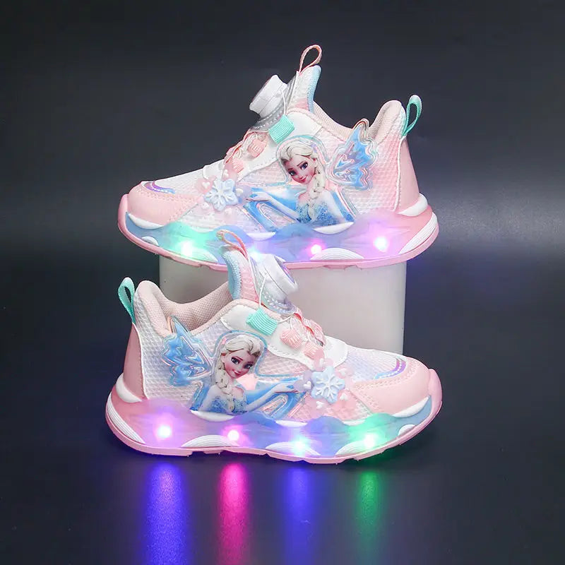 Disney LED Casual Sneakers Spring Girls Frozen Elsa Princess PU Leather Shoes Children Lighted Non-slip Pink Size 23-35