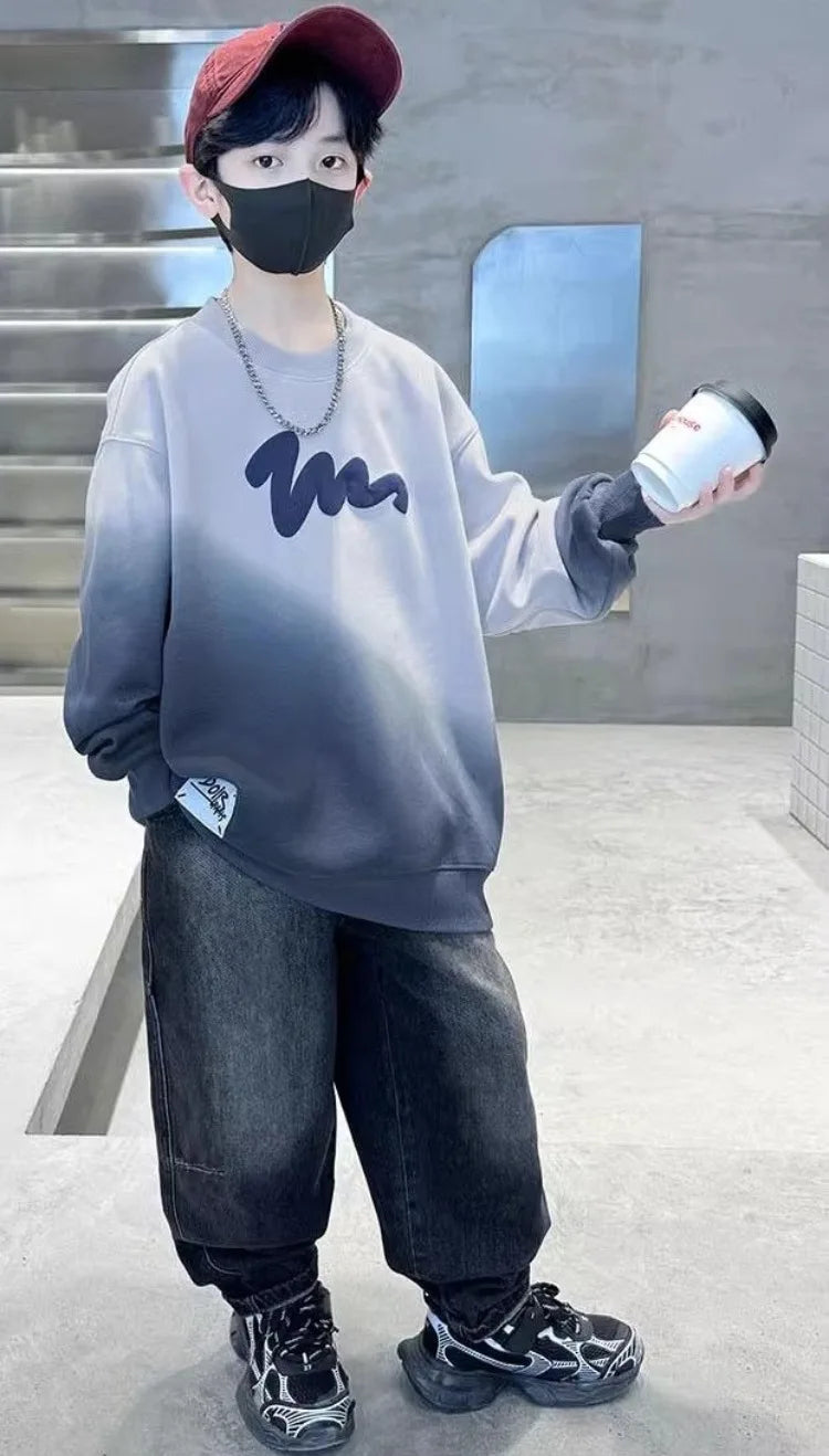 Boys' Medium-Large 2025 Autumn/Winter Trendy Fleece-Lined & Thickened Warm Loose Fit No Hood Sweatshirt