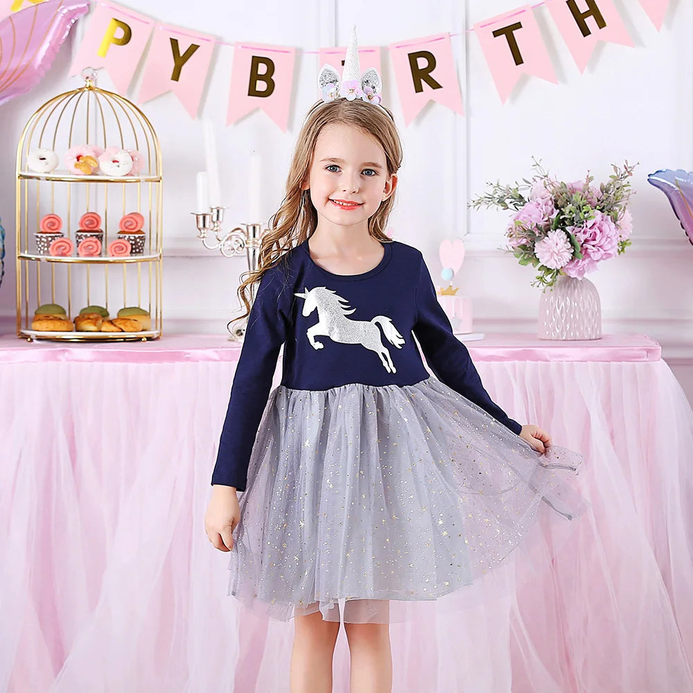 VIKITA Girls Unicorn Print Dress Kids Sequins Princess Dresses Kids Long Sleeve Autumn Spring Patchwork Mesh Tulle Cute Dresses