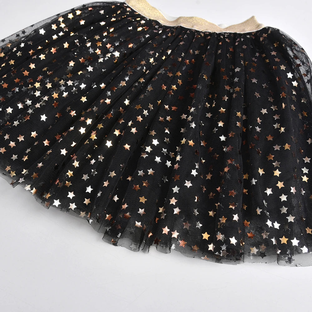 VIKITA Girls Golden Silvery Star Sequins Mesh Tutu Skirts Glittery Black Tulle Princess Party Dance Ballet Elegant Mini Skirt