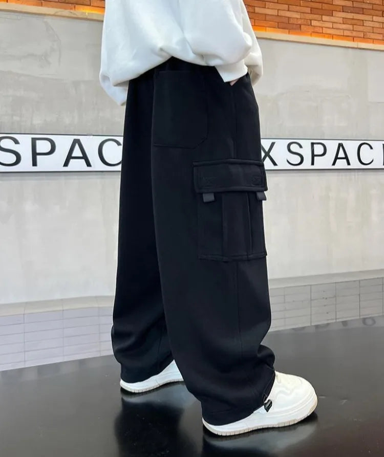 2025 New Boys Autumn Winter Fleece-Lined Sports Cargo Pants, Big Boy Streetwear Trends, Warmth & Comfort