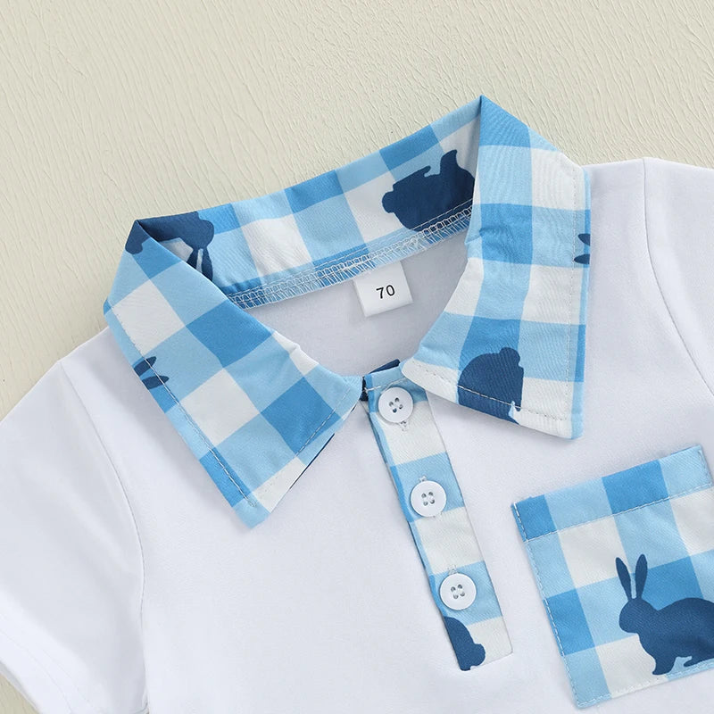 Boys Stylish Plaid Outfit Set with Short Sleeve Lapel Neck Half Button-up Top and Elastic Waistband Shorts for Summer