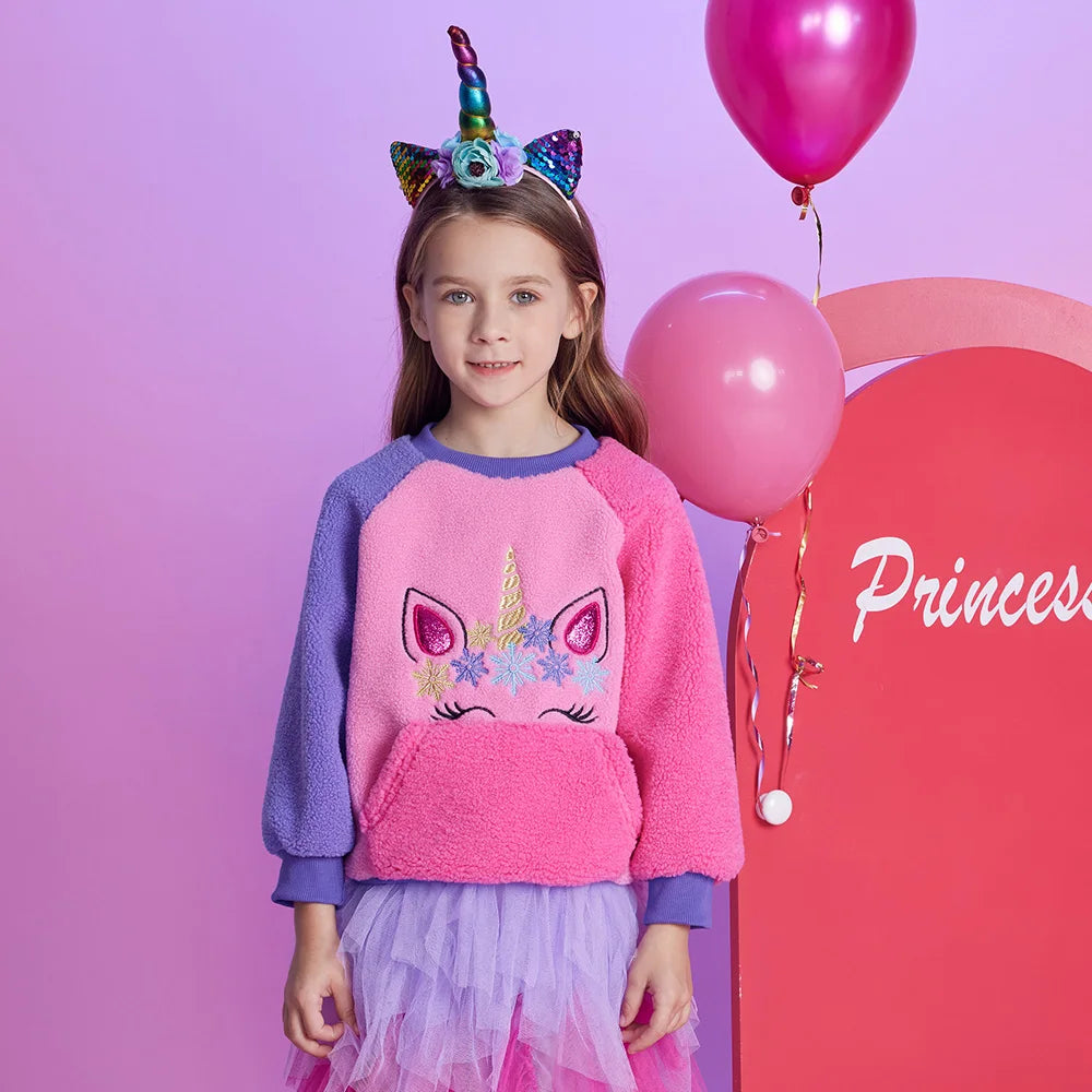 VIKITA Girls Fleece Sweatshirts Kids Autumn Winter Unicorn Appliqued Long Sleeve Sports Casual Outwear Children's Tops Pullover