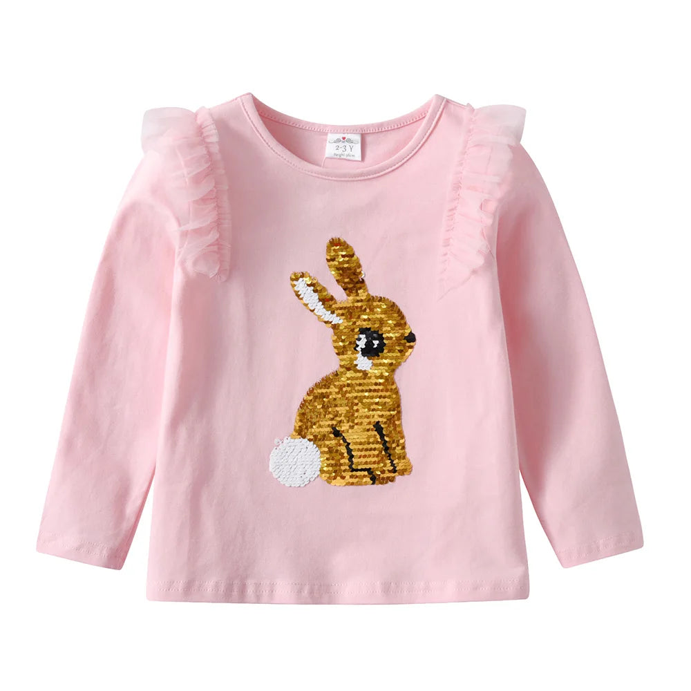 VIKITA Kids Long Sleeve T Shirt Kids Rabbit Sequined Appliqued Cartoon Pink T Shirts Girls Cotton Casual Tops and Tees Wear