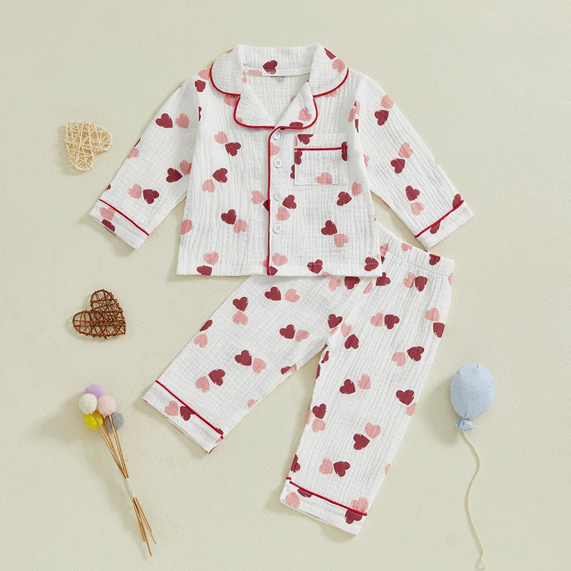 Girls Pajama Set Cute Heart Patterned Long Sleeve Top with Cozy Elastic Waist Pants for a Good Night s Sleep