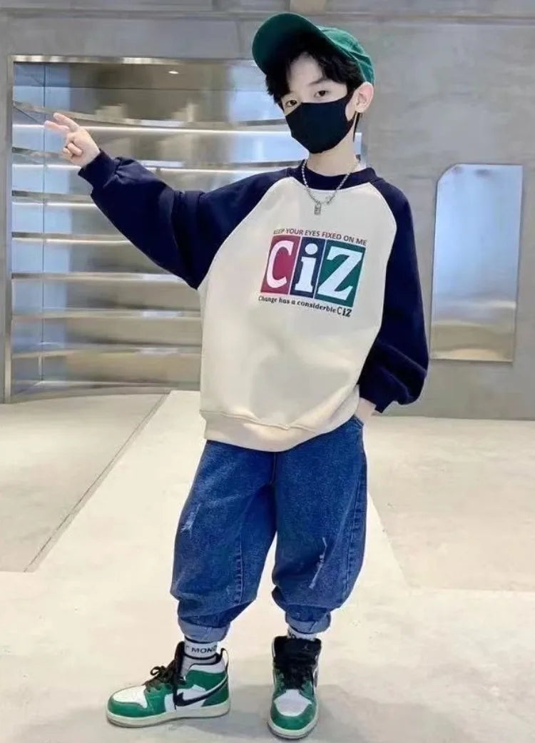 Boys' Medium-Large 2025 New Arrival No Hood Street-Style Korean Trendy Layering Top Kids Sweatshirt for Spring/Autumn