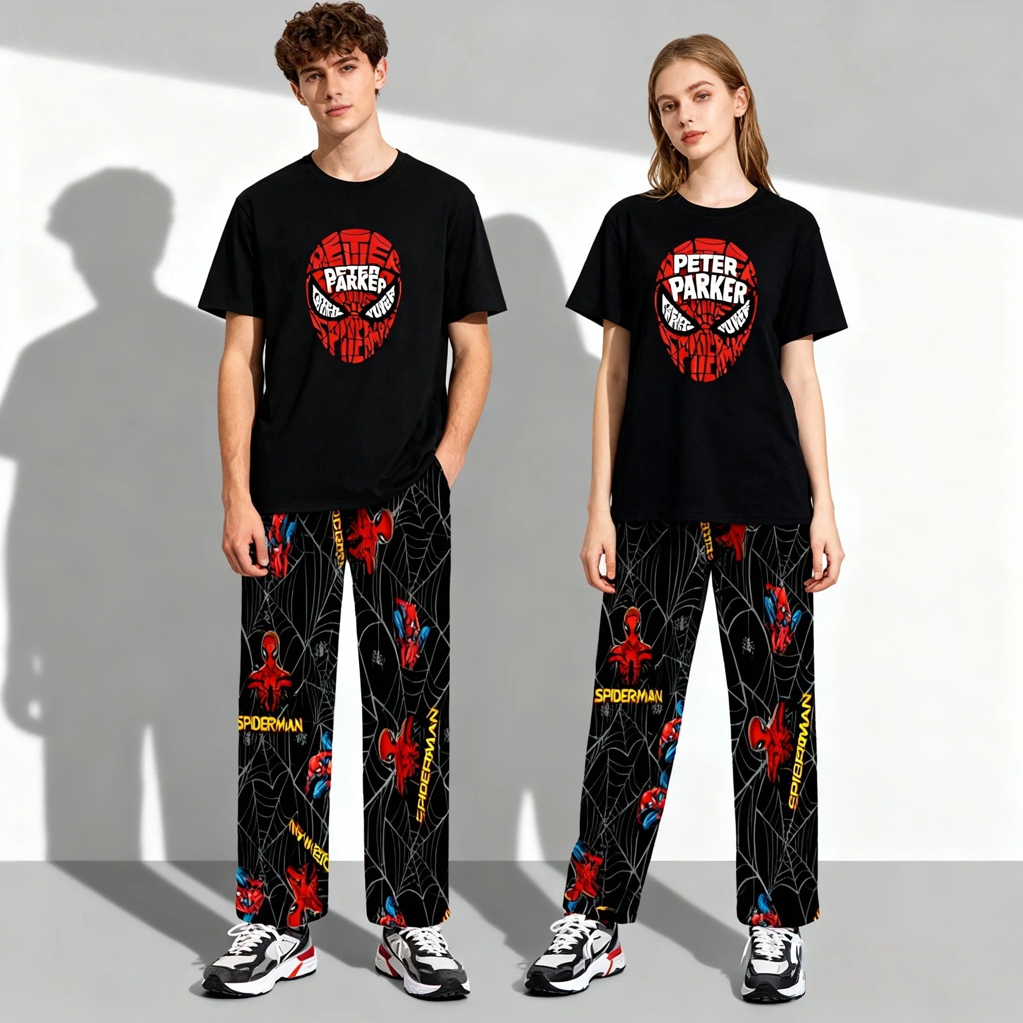 Spring and Autumn Hot Disney Series Sweet and Cool Spider Man Short Sleeved Pants Set for Adults and Children Parent Child Set