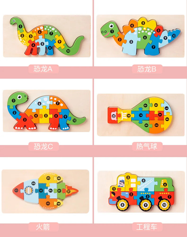3D Stereoscopic Montessori Wooden Puzzle Cartoon Dinosaur Animal Shape Color Cognitive Educational Game Toy Kids Birthday Gift