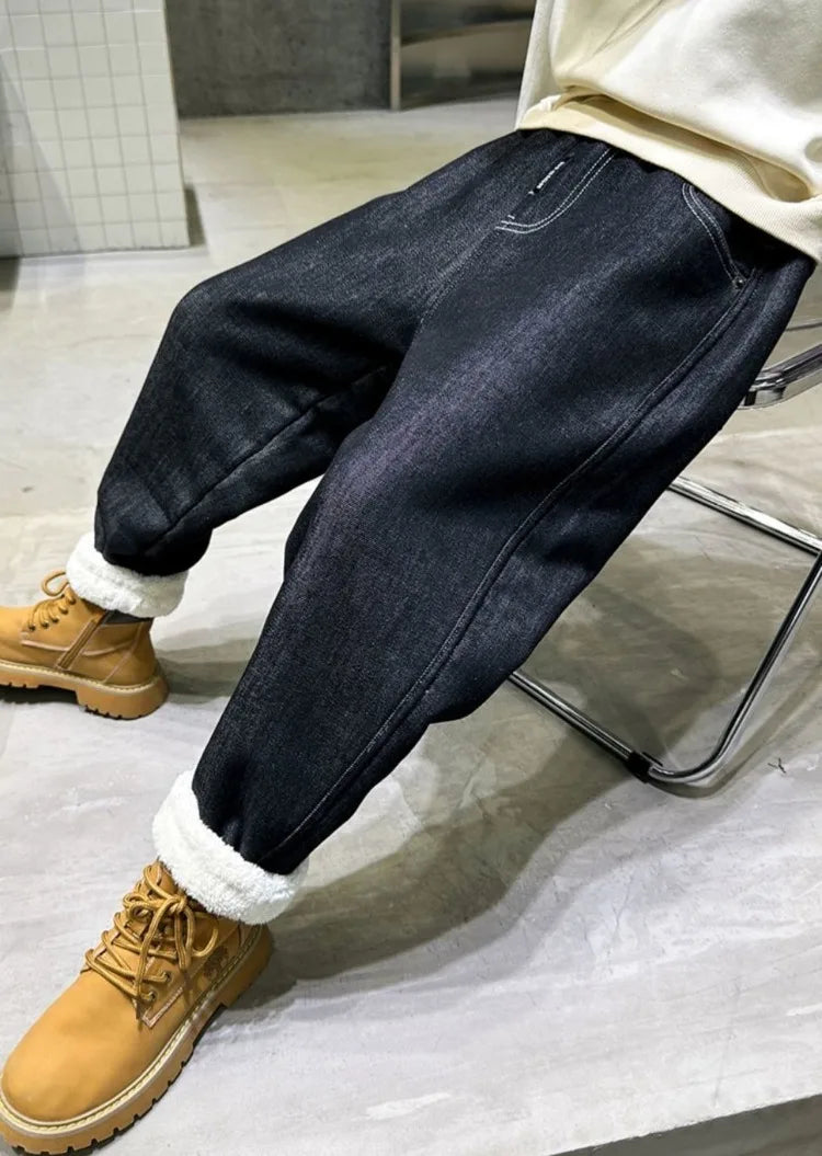 Boys Fleece-Lined Jeans Thermal Winter Pants Thickened Full-Body Cashmere Long Pants for Toddler Boys Outdoor Winter Clothing