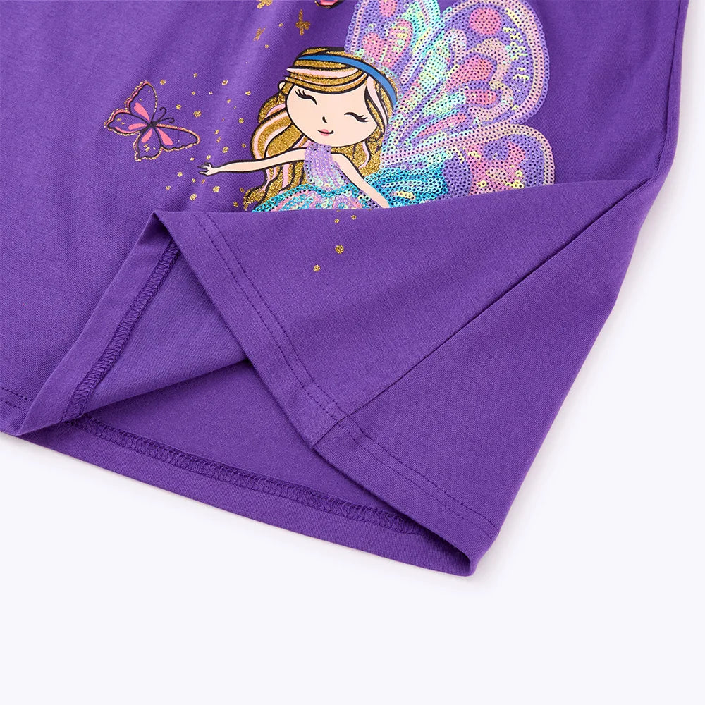 VIKITA Girls Summer Flare Sleeve Cotton Casual School Daily Frocks Purple Fairy Elf Butterfly Sequins Sparkling Straight Dress