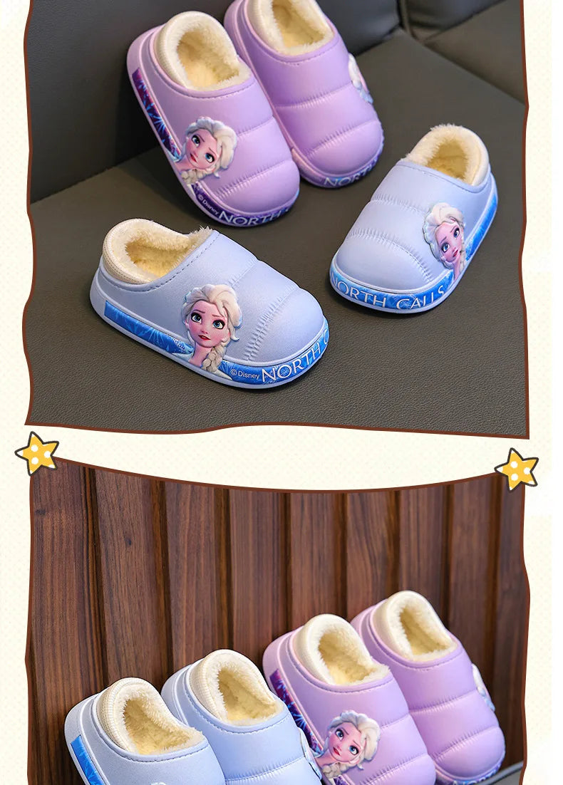 Disney Princess Elsa Girls' Cotton Frozen Winter Waterproof Wool Slippers Cartoon Parent Children's Blue Slippers Size 24-36