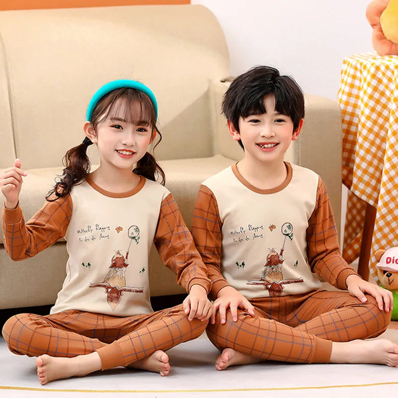 Children's Autumn Clothes and Pants Pure Cotton Set for Boys and Girls Warm Underwear Cartoon Pattern Children's Pajamas Set