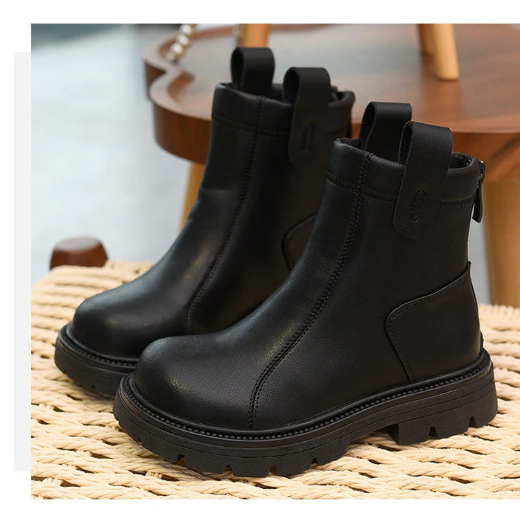 Girls' short boots, genuine leather, children's cotton boots, soft soled leather boots, children's shoes, 2025 autumn and winter