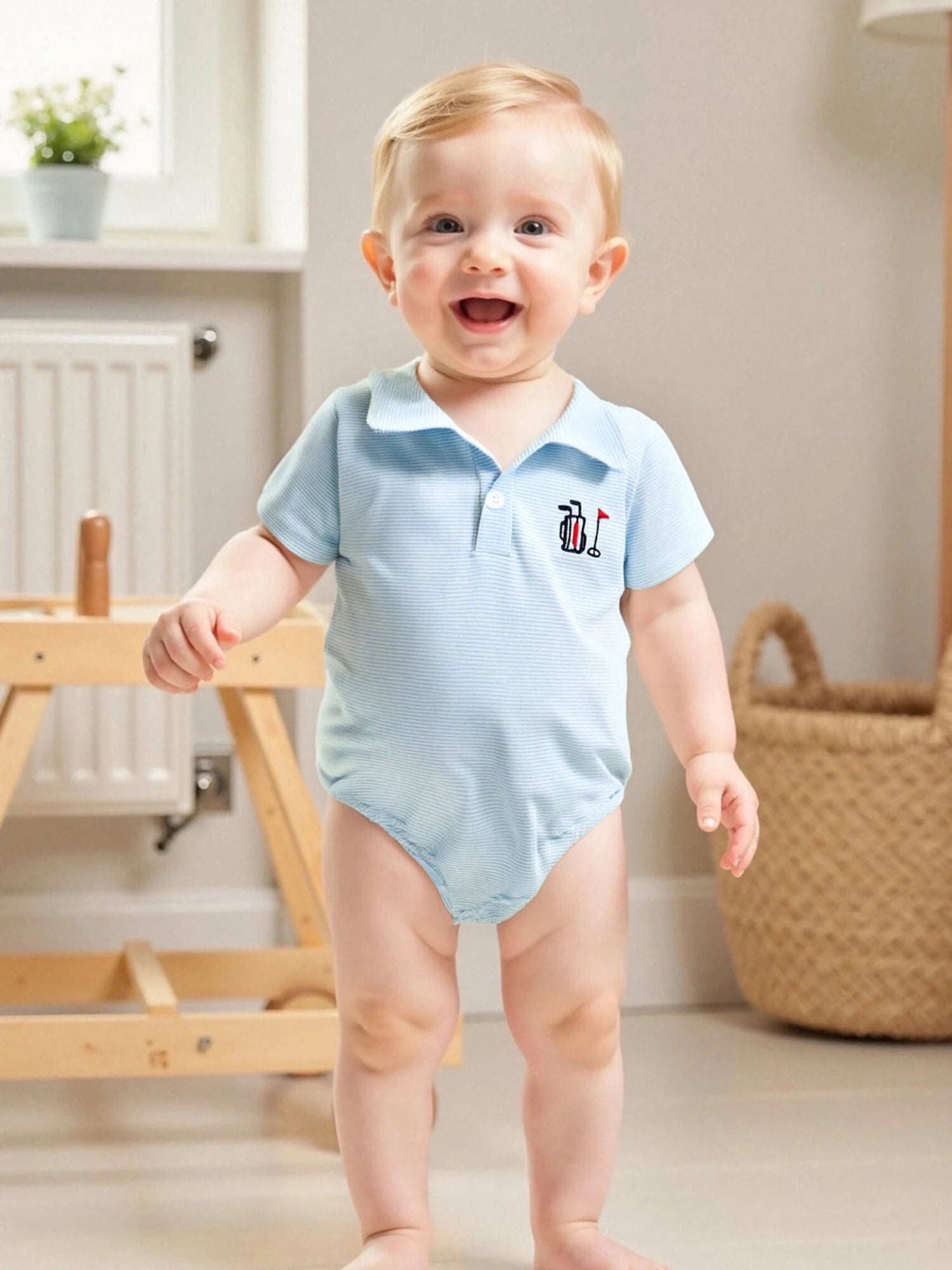 Infant Boy Jumpsuit Stylish Short Sleeve Striped Romper with Turn-down Collar and Embroidery Detail for Everyday Wear