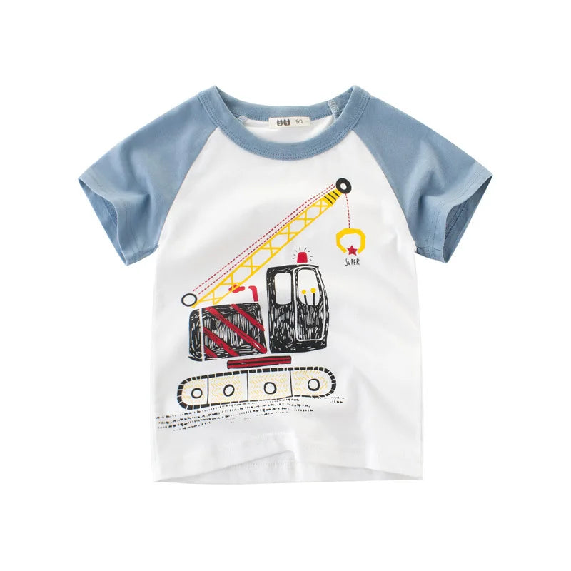2025 Summer 2 3 4 5 6 8 10 Years Children'S Clothing Dinosaur Car Striped Tees All Match Basic Tops Cartoon T-Shirt For Kids Boy