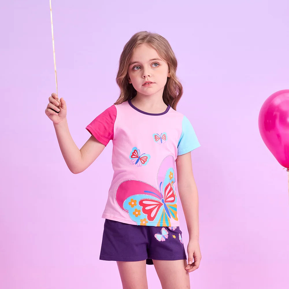 VIKITA Girls Tops and Tees for Summer Kids Butterfly Print Cartoon T Shirts Girls O Neck Short Sleeve Cotton Casual Daily Tees