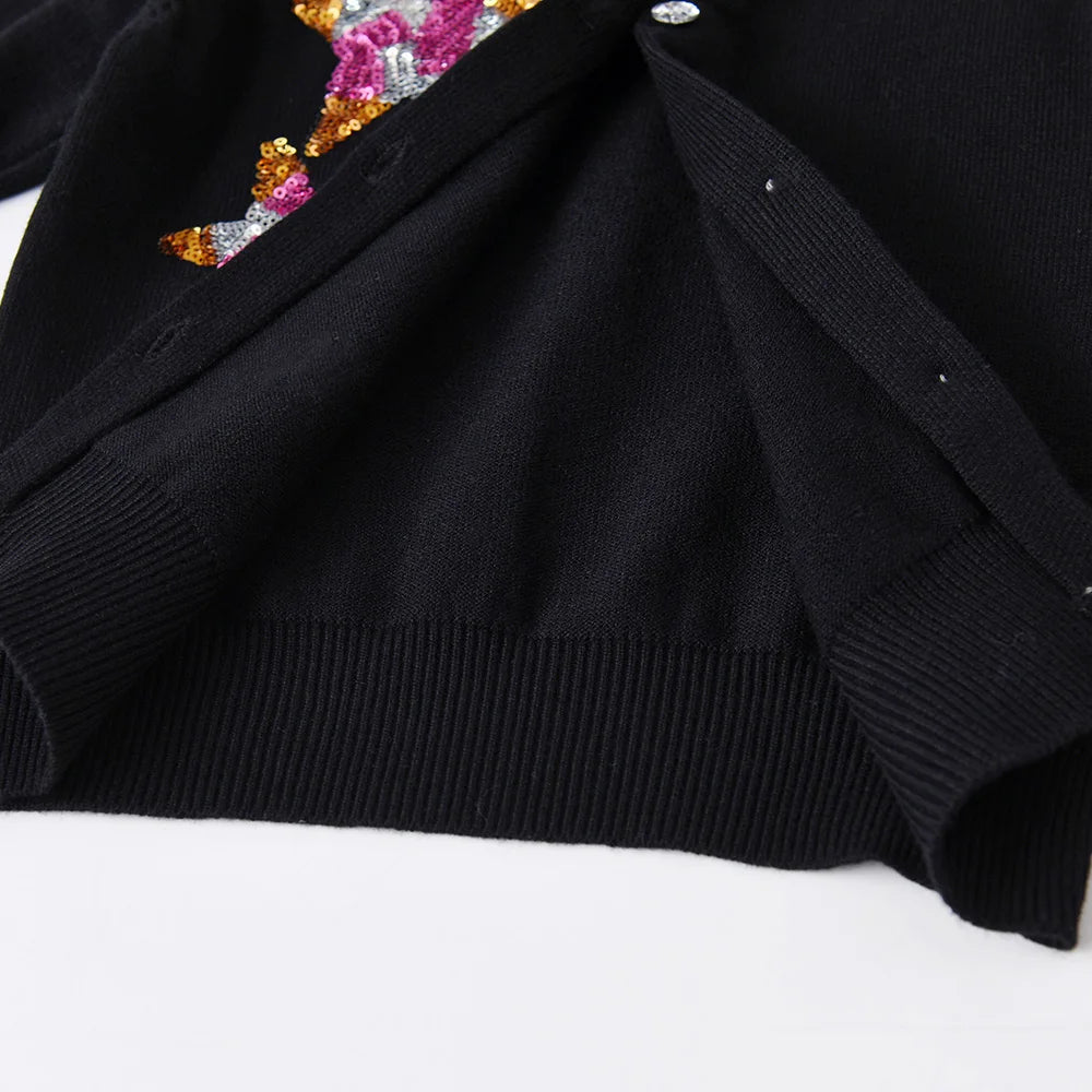 Toddlers Black Cardigans Girls Round Neck Button Spring Autumn Outfits Sweaters with Sparkly Sequined Star Appliqued Cardigans