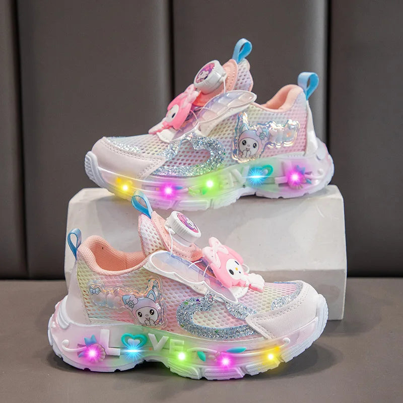 Kids'Casual Shoes Sneakers Led Light Cartoon My Melody PU Leather For Girls Anti-slip Breathable Pink Pruple Shoes Size 23-36