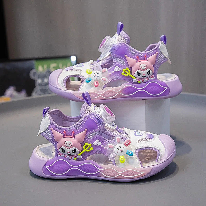 Sandals Girls Cartoon PU Leather Summer Fashion Outdoor Flat Bottom Breathable Anti-slip Pink Purple Size 26-37