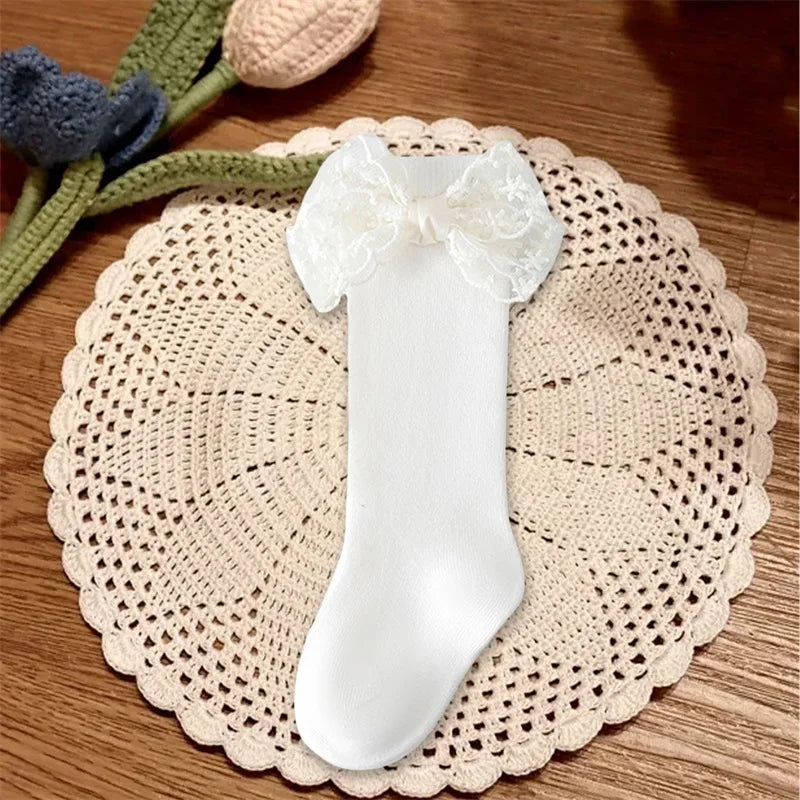 Adorable Baby Girl Knee-High Socks with Lace Bow Detail and Non-Slip Grip - Perfect for Spring and Summer Wear