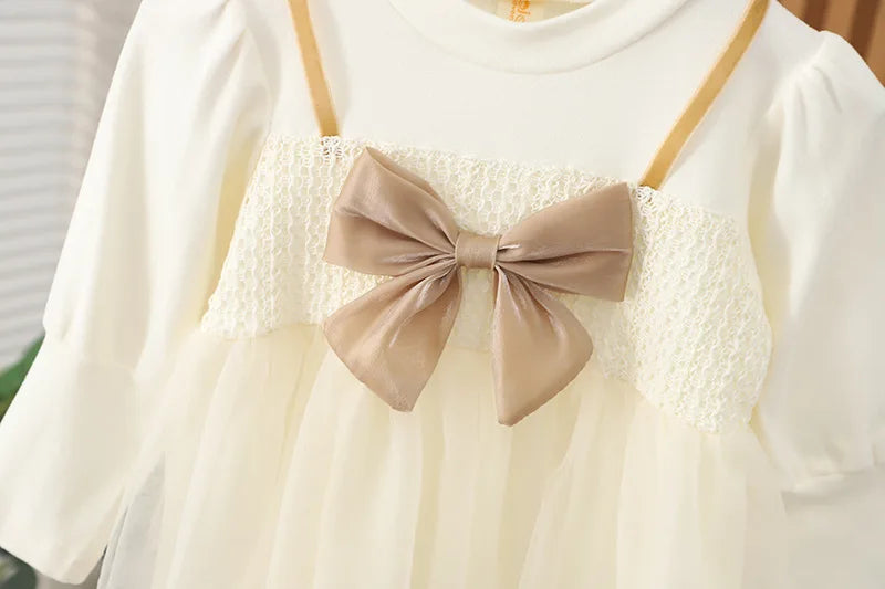 Autumn New Sweet Bow Baby Girl Dress, Princess Style Children'S Clothing Suitable For Babies Aged 9 Months To 3 Years Old