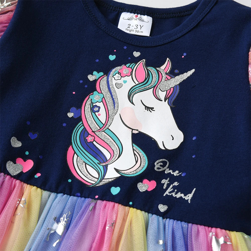 VIKITA Girls Unicorn Dress for Autumn Spring Children Cotton Casual School Costumes Birthday Party Princess Mesh Dress for Girl
