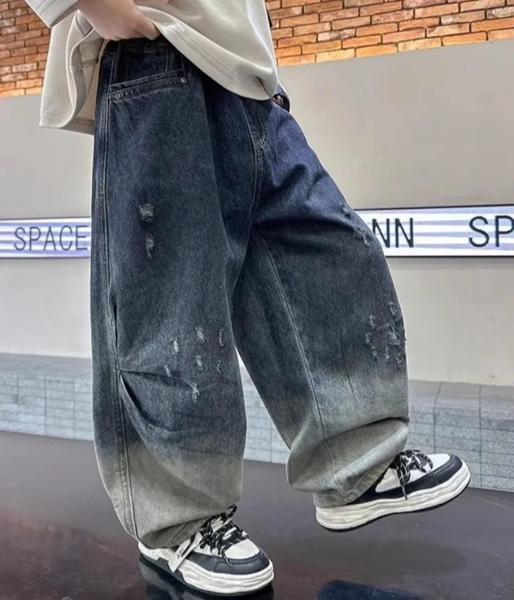 2025 New Boys' Gradient Denim Jeans Straight Leg Loose Fit Wide Pants for Kids Spring/Fall Casual Wear, Trendy & Stylish