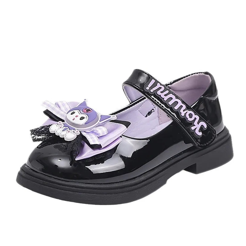 Kids'Sandals Kuromi PU Leather Bow Flat Spring Shoes For Girls Anti-slip Soft Thick Bottom White Black Shoes Size 26-36