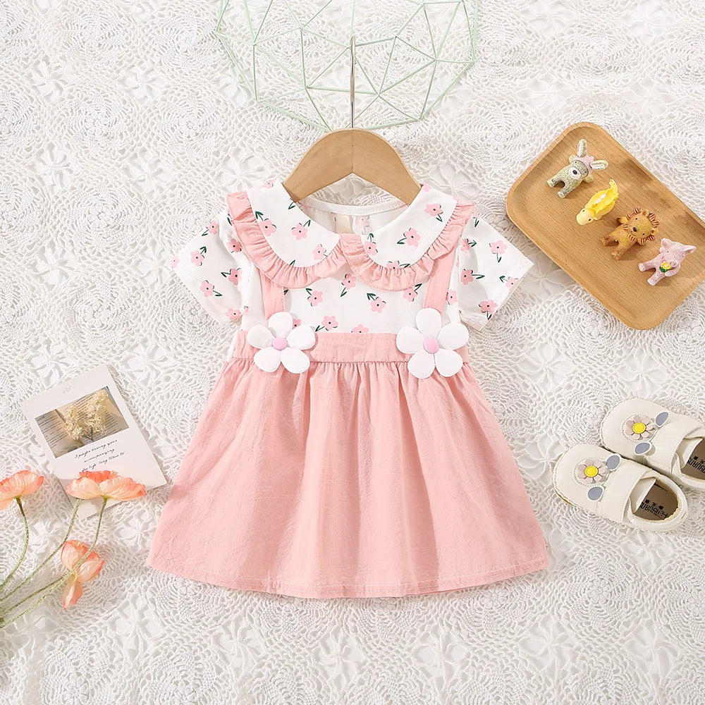 Summer New Style Fake Two Short Sleeved Baby Girl Dress, Small Floral Petal Collar Children'S Clothing (6-24 Months)