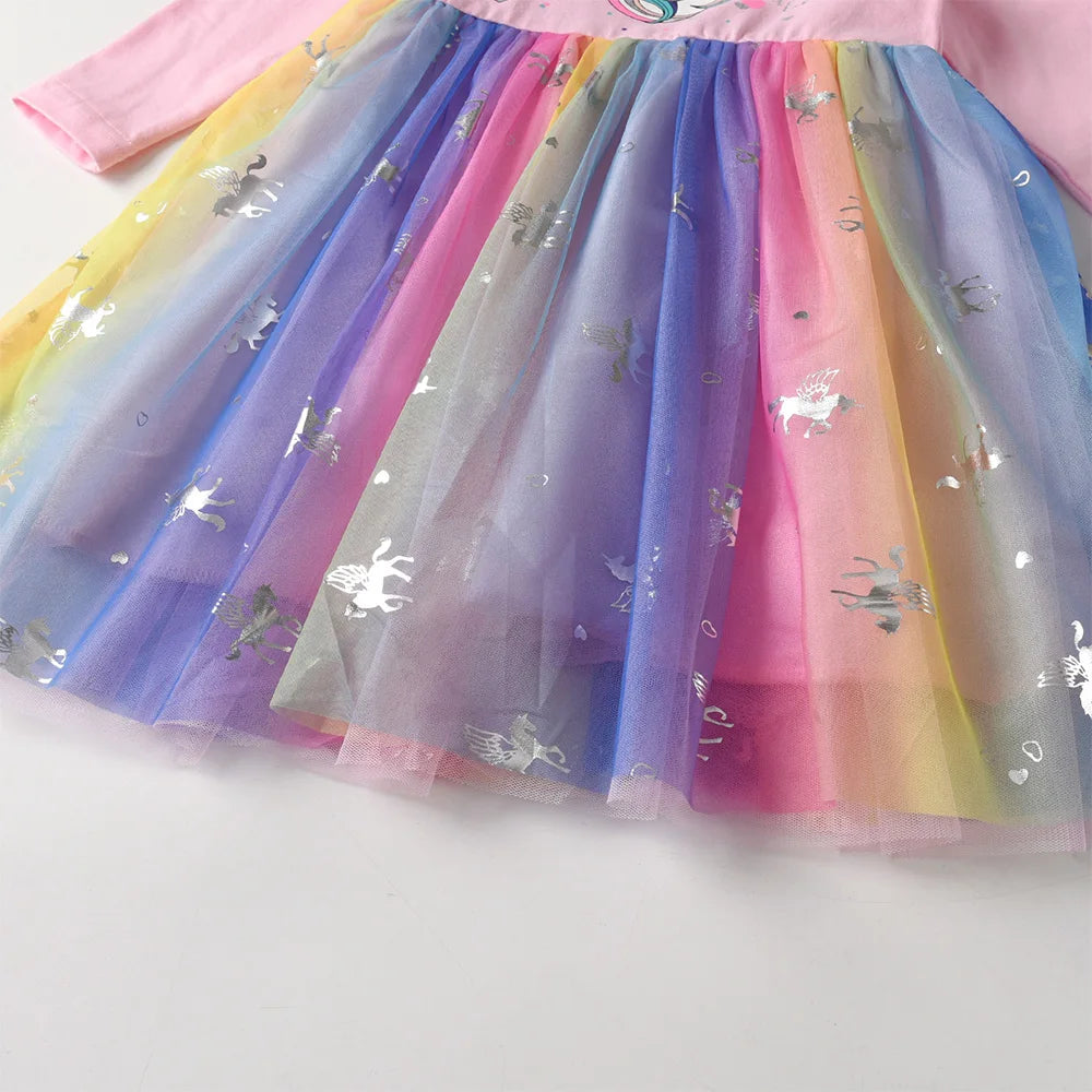 VIKITA Kids Colorful Rainbow Dress Girls Licorne Cartoon Autumn Spring Birthday Party Princess Casual Flare Sleeve Dress 3-12 Y