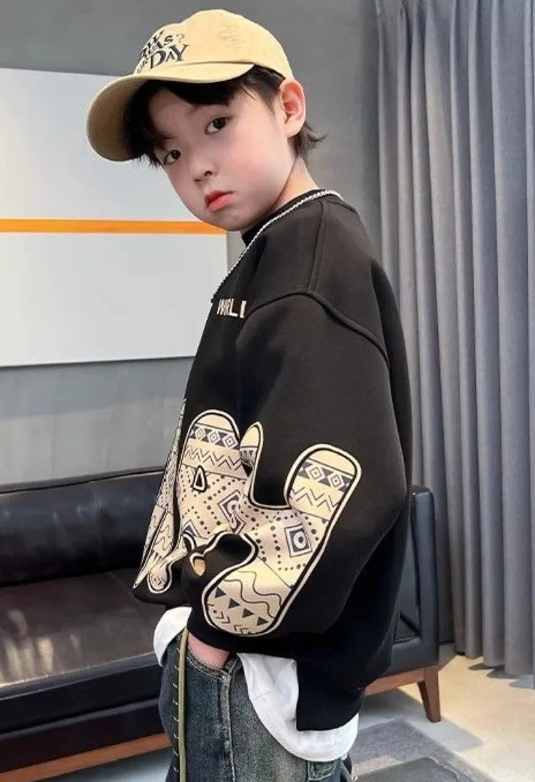 Boys' Medium-Large 2025 New Spring/Autumn Trendy No Hood Layering Top Sweatshirt