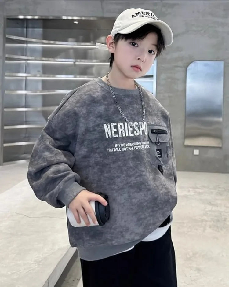 Boys' Middle/Big Kids 2025 New Spring/Autumn Long Sleeve Korean Style Edgy Loose Fit Sweatshirt Tops