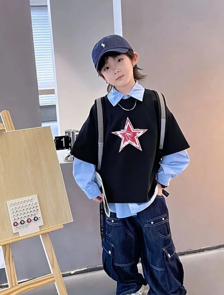 2025 New Boys' Solid Color Jeans - Loose Fit Straight Leg Kids' Long Pants with Pockets, Trendy & Stylish Denim for Active Boys