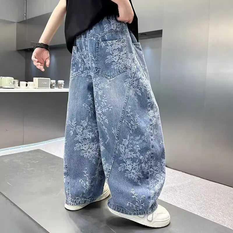 Kids' Casual Wide-Leg Jeans with Jacquard Print - Boys & Girls Big Kids Comfort Fit Spring Autumn Pants