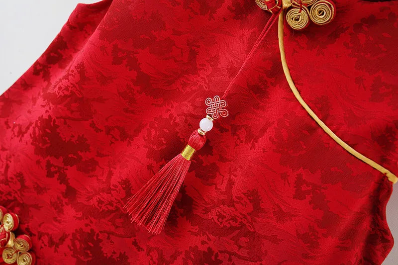 Summer New Chinese Retro Style Baby Girl Dress, Red Spring Festival Party Children'S Clothes Comes With Pendant (0 -3 Years）