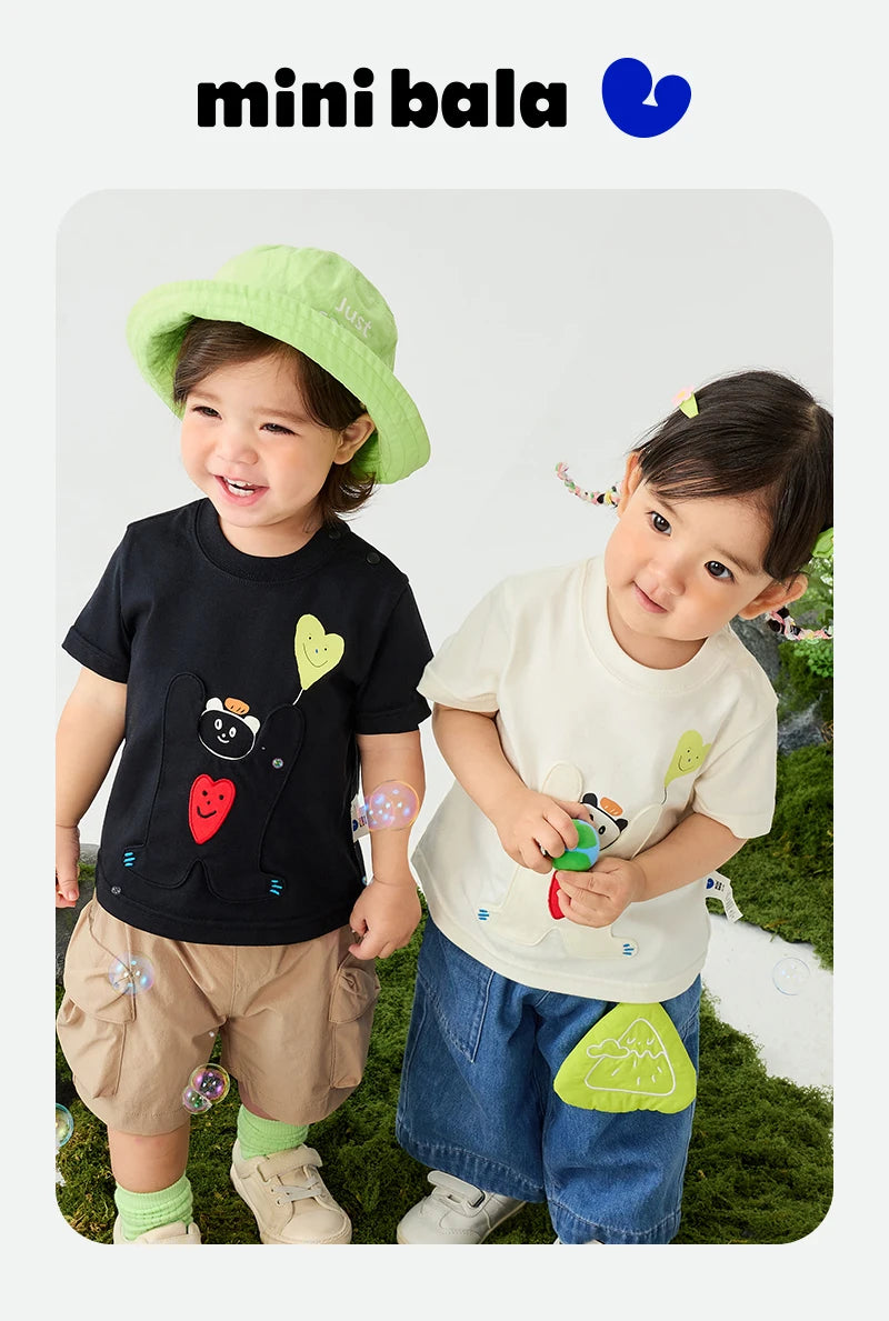Mini Bala Boys And Girls Kids Short Sleeve T-Shirt 2025 New Spring White Black Baby Pure Cotton Top for Daily Life Casual