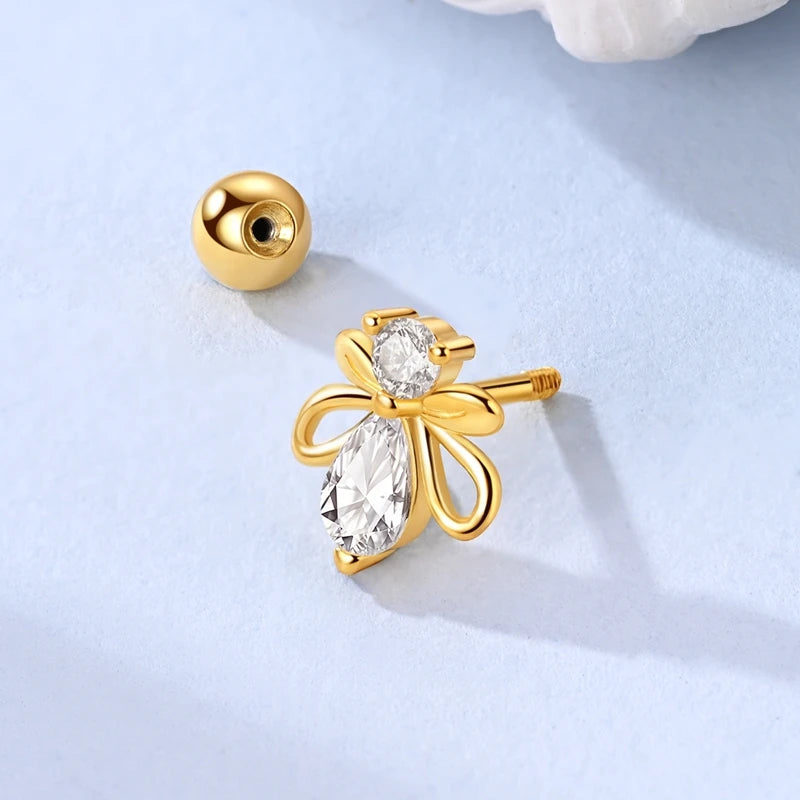 Fashion 925 Sterling Silver Plated Gold Clover Bowknot Butterfly Cartilage Puncture Spiral Bead Stud Earring For Women Ins Style