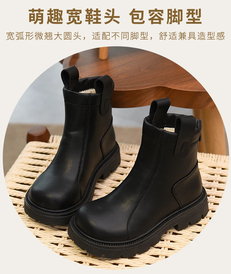 Girls' short boots, genuine leather, children's cotton boots, soft soled leather boots, children's shoes, 2025 autumn and winter