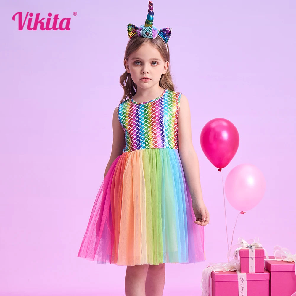 VIKITA Girls Sleeveless Summer Dress Kids Rainbow Print Colorful Multicolor Dresses Girls Mermaid Print Party Princess Vestidos