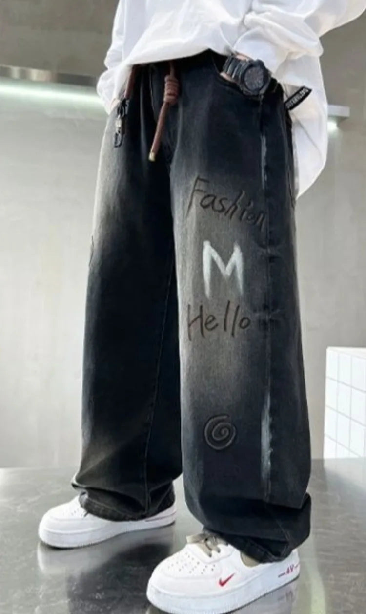 Boys' Trendy Streetwear Jeans for Spring/Fall - Loose Fit Straight-Leg Wide-Leg Denim Pants for Boys 8-14